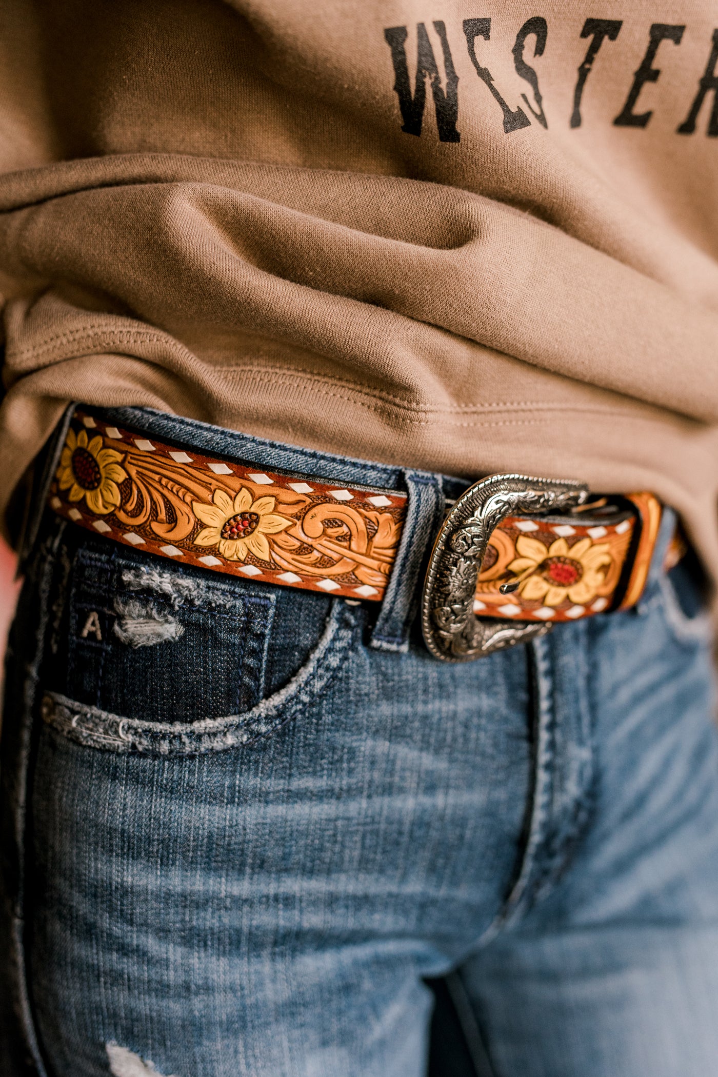 Christy Tooled Sunflower Leather Belt ✜ON SALE NOW: 25% OFF✜