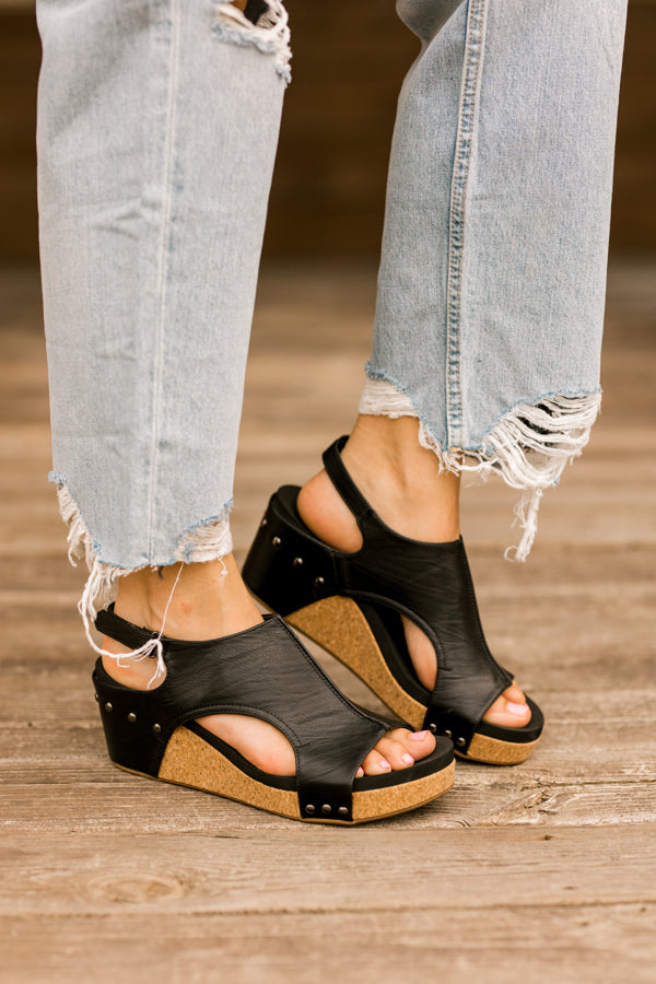 Corky's Carley Wedge Sandals [Black] ✙ Broker Leather ✙ Iowa