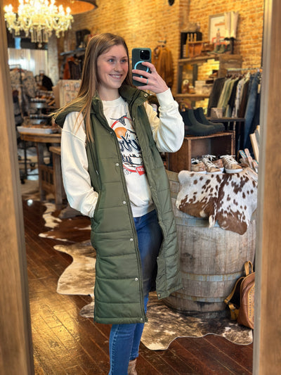 Lindsey Long Puffer Vest [Olive] ✜ON SALE NOW: 25% OFF✜