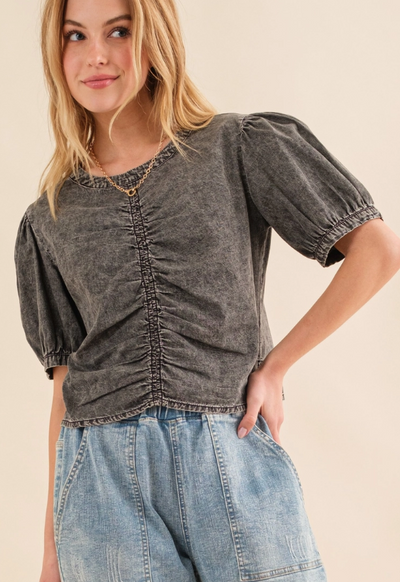 Danni Shirred Puff Sleeves Denim Top ✜ON SALE NOW: 25% OFF✜
