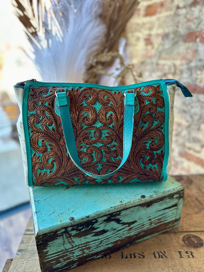 Raquelle Tooled Leather & Cowhide Handbag