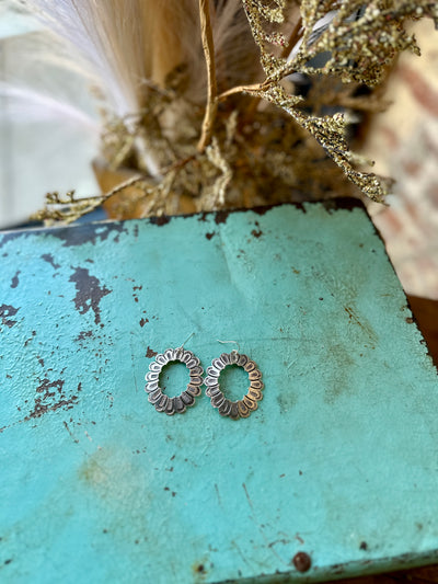 Flatlay picture of Believer Silver Concho Earrings.