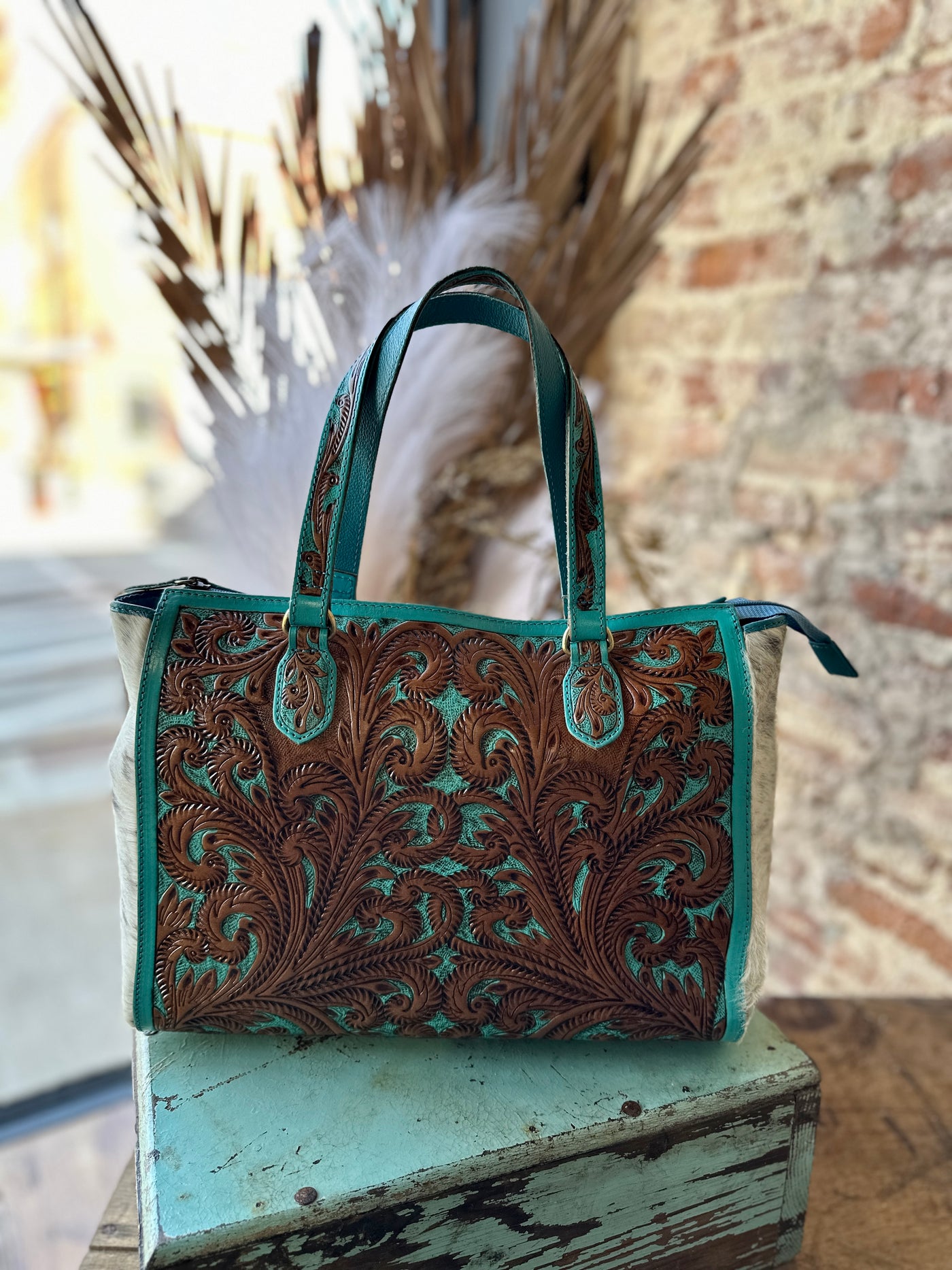 Raquelle Tooled Leather & Cowhide Handbag