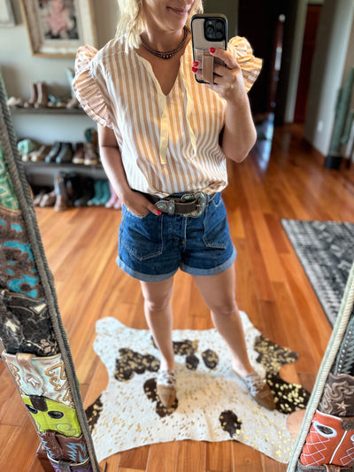 Kandra Striped Ruffled Sleeves & Bow Top