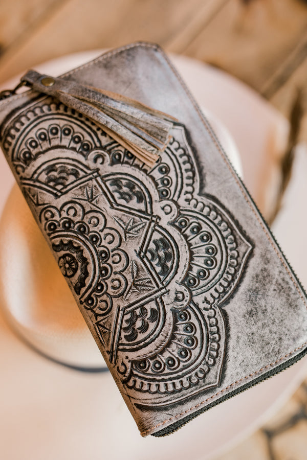 Madison Tooled Leather Mandala Organized Wristlet [Slate] ✜ON SALE NOW | 20% OFF✜