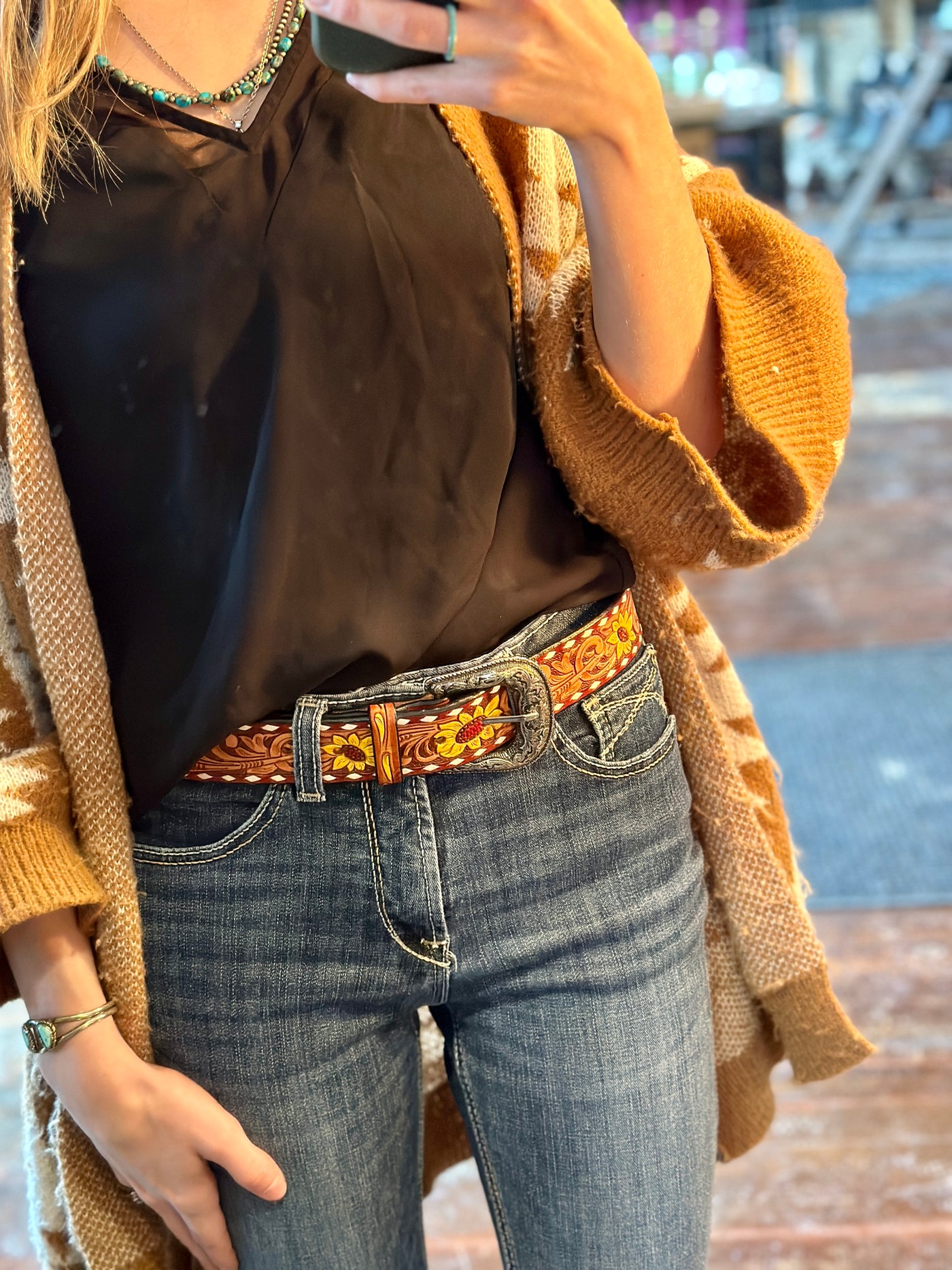 Christy Tooled Sunflower Leather Belt