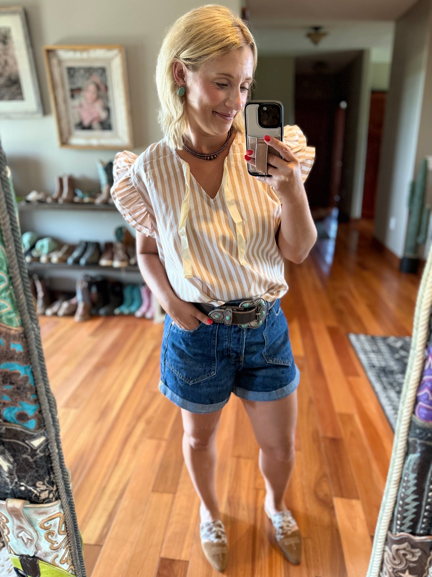 Kandra Striped Ruffled Sleeves & Bow Top