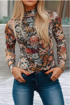 Model wearing the Adrienne Floral Mesh Top, showing its versatile style from school carpool to a night out.