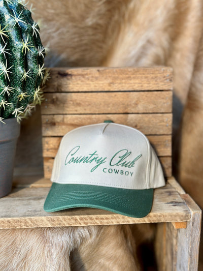 Alan Country Club Cowboy Embroidered Cap – Natural Canvas Baseball Hat with Green Embroidery