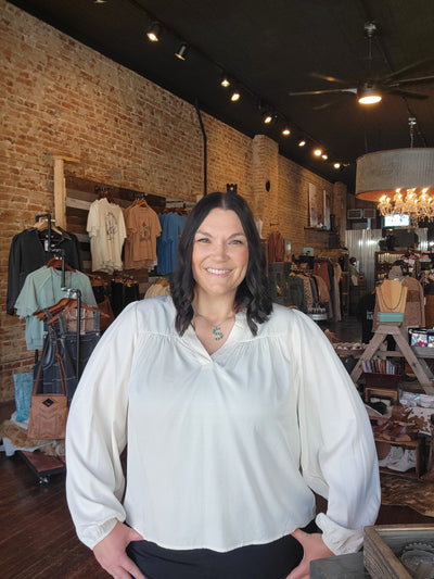 Alexandra Balloon Sleeve Blouse modeled by Broker Leather Employee, Sam.