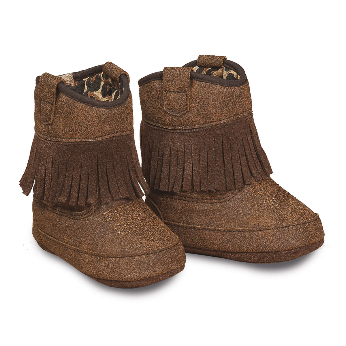 Toddler fringe cowgirl boots with traction outsole for stability.