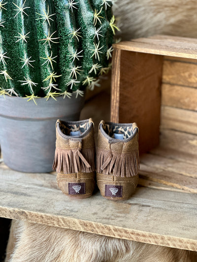 Suede baby cowboy boots with Velcro straps for easy wear.