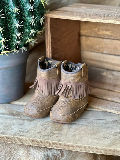 Annabelle Fringe Baby Bucker Boot with soft brown suede and fringe.