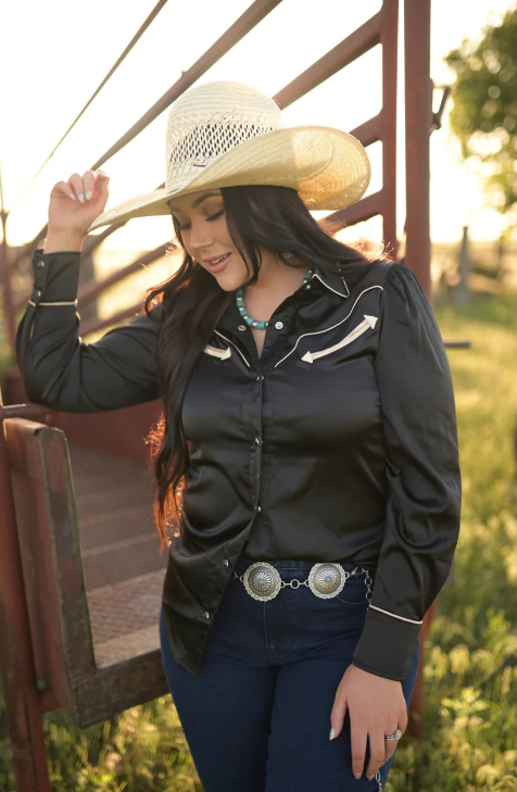 A Western NFR Style top: the sleek & sophisticated Archie Black Western Yolk Pearl Snap.