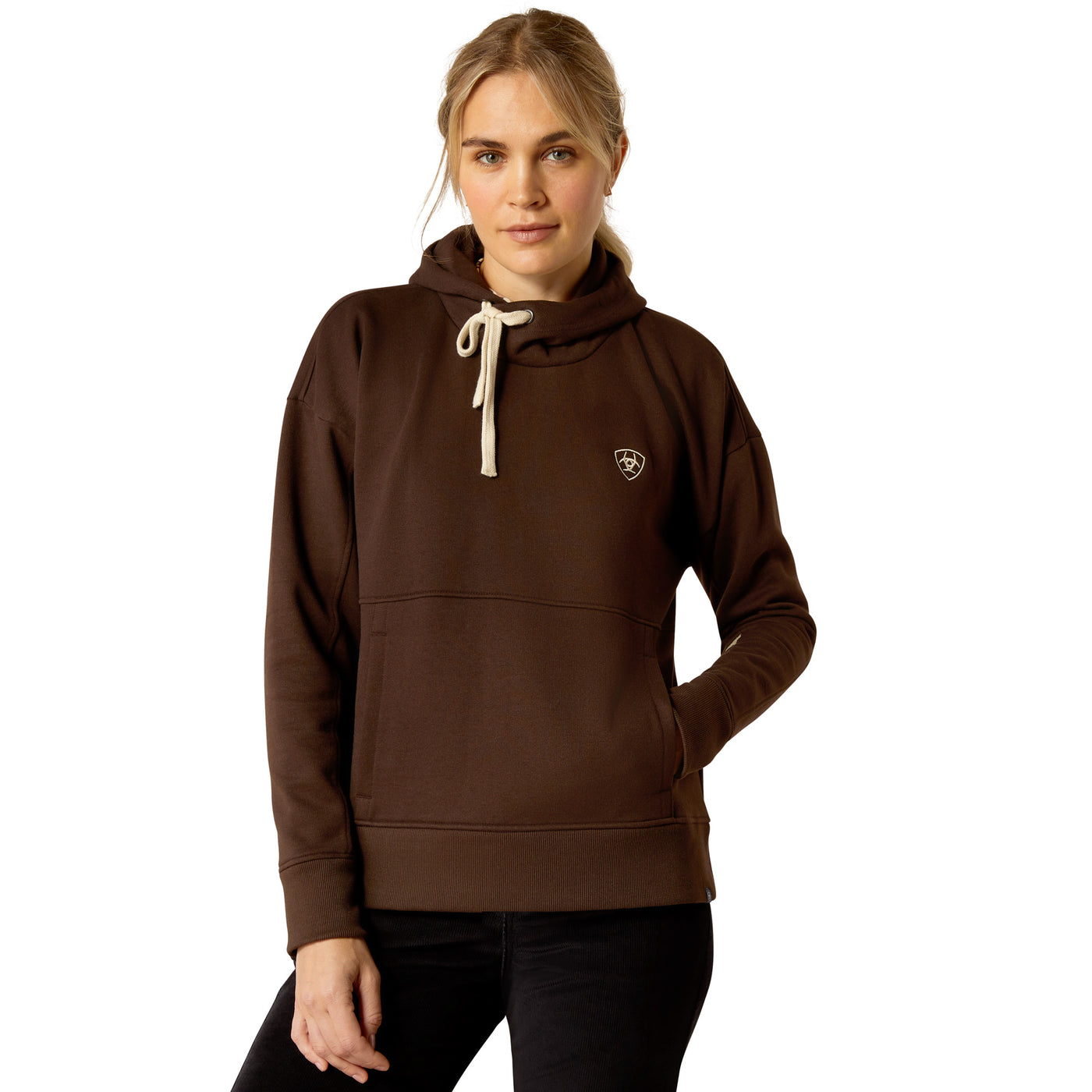 Ariat stockphoto of woman modeling the Ariat Rabere Hoodie [Mole/Brown].