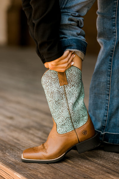 Ariat Round-Up Wide Square Toe Boot [Beduino Brown/Turq. Floral Embos.]