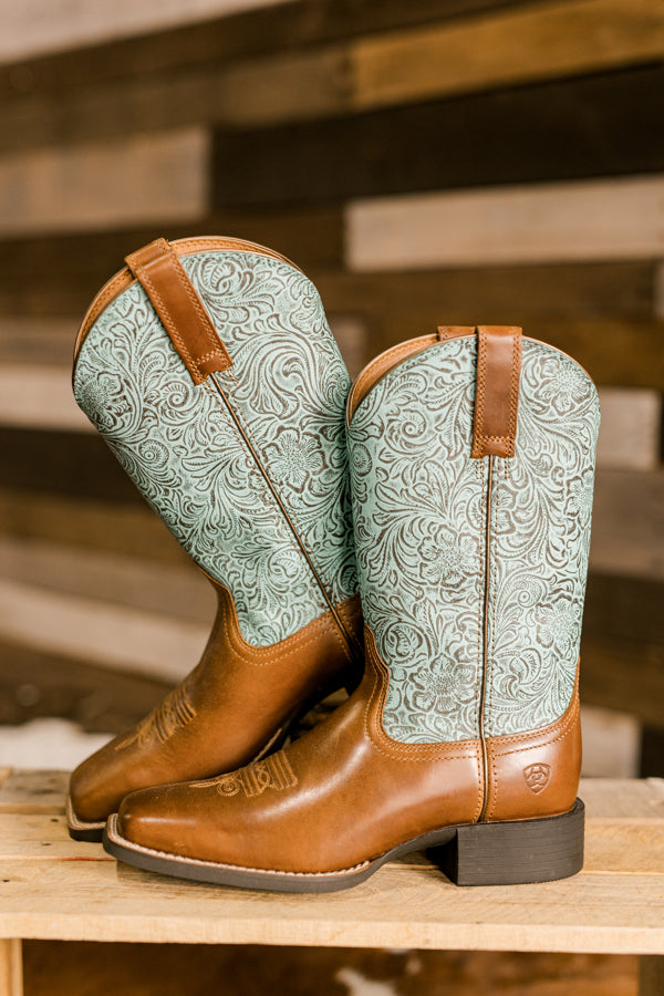 Ariat Round-Up Wide Square Toe Boot [Beduino Brown/Turq. Floral Embos.]