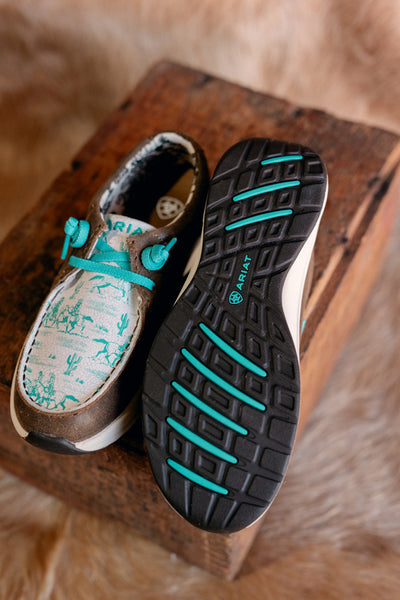 Ariat Buckeye Slip-On Sneaker/Shoe [Turquoise & Honey Bear] are slip-resistant, cushioned, and feature elasticized laces.