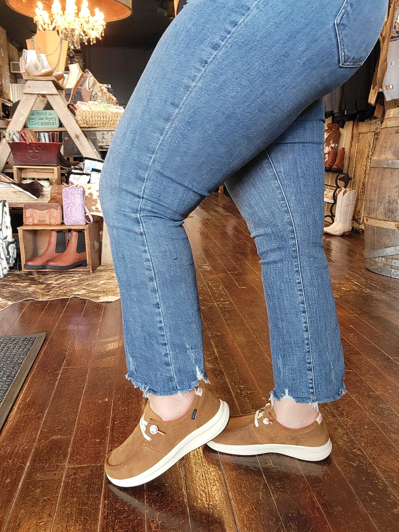 Waterproof Ariat Buckeye Slip-on Loafer Shoe [Weathered Honey Brown] on model