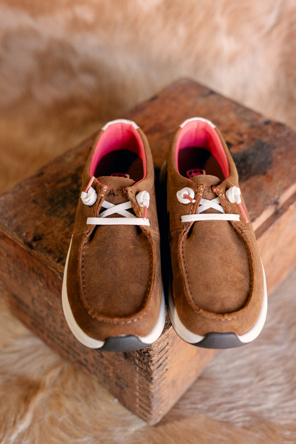 Waterproof Ariat Buckeye Slip-on Shoe [Weathered Honey Brown with Coral Lining]