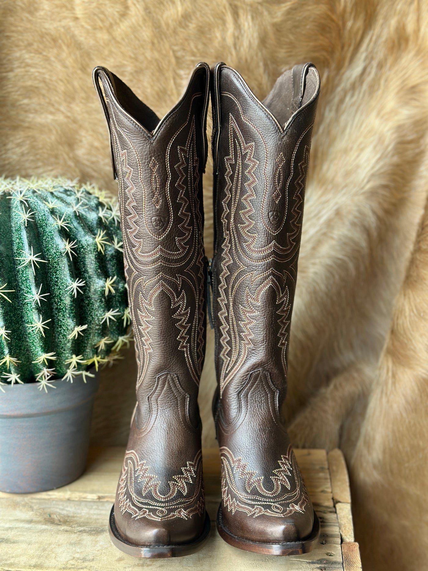 Close-up of Ariat Casanova Snip Toe Boot – Rich Chocolate Leather with Western Stitching available now at Broker Leather