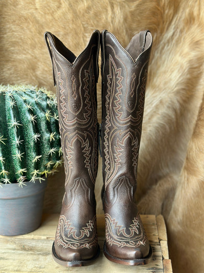 Close-up of Ariat Casanova Snip Toe Boot – Rich Chocolate Leather with Western Stitching available now at Broker Leather