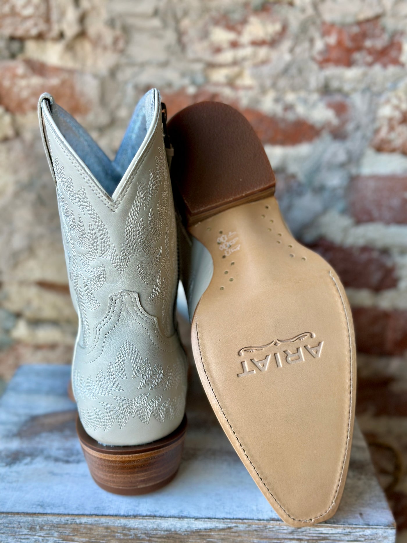 White Quartz Ariat Cate Western Zippered Boot with resoleable Goodyear welt construction for longevity and comfort.