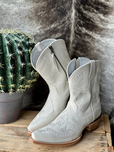 Ariat Cate Western Zippered Boot in White Quartz with a five-row stitch pattern and sleek X-toe for a refined Western look.