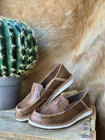 Close-up of Ariat Cruiser Slip-On – Genuine Leather with Floral Embossed Detailing