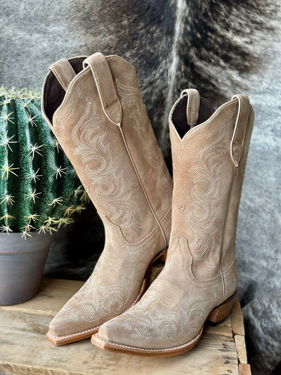 Ariat Hazen Snip Toe Boot in Truly Taupe – elegant suede cowgirl boots with classic western stitching.