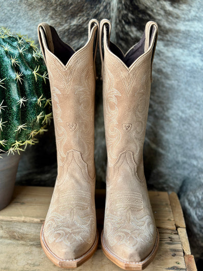 Ariat women’s cowgirl boots with snip toe, soft taupe suede, and vintage western-inspired details.