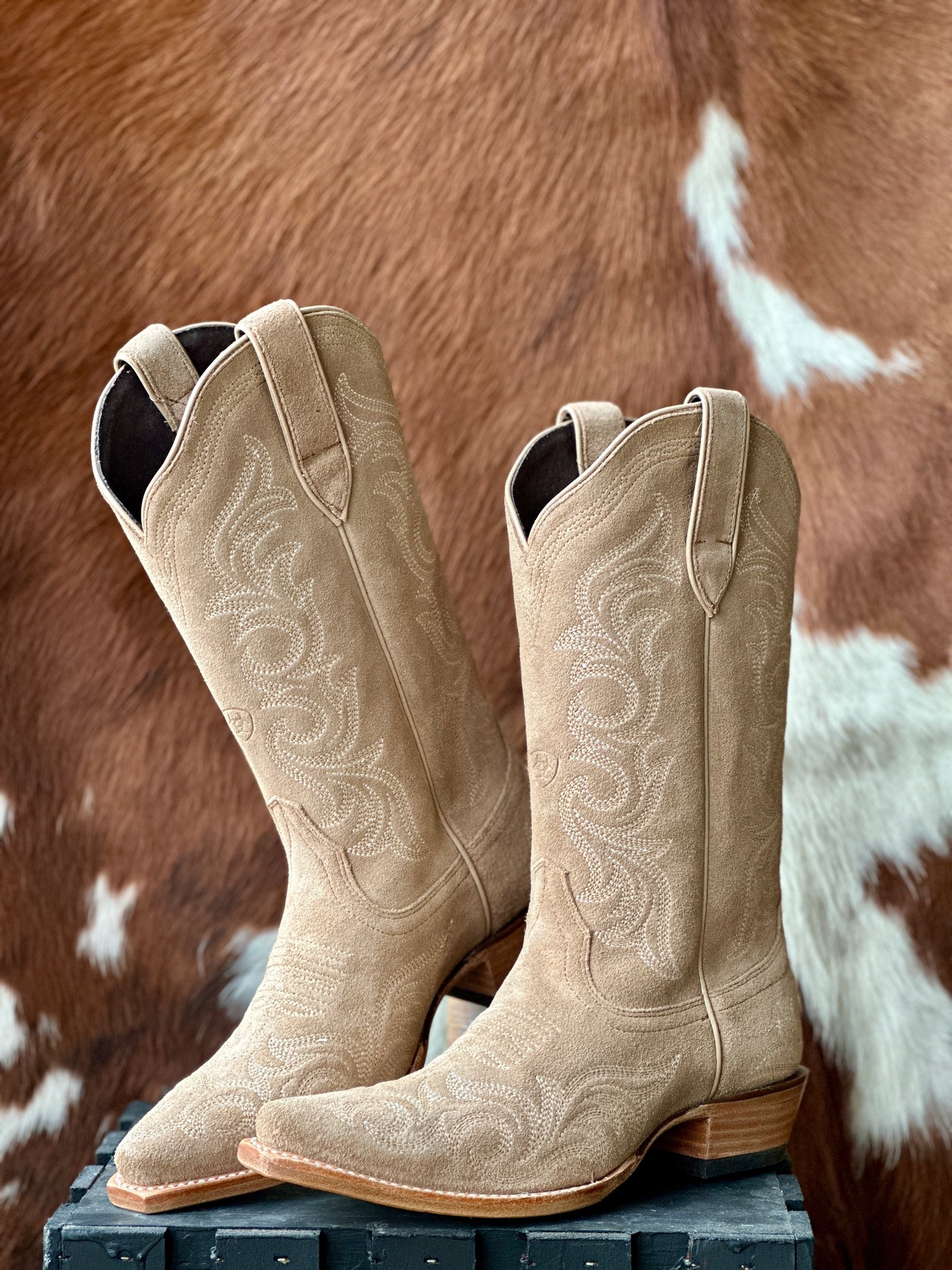 Front view of the Ariat Hazen Snip Toe Boot in Truly Taupe, showcasing its refined Western stitching and soft taupe suede.