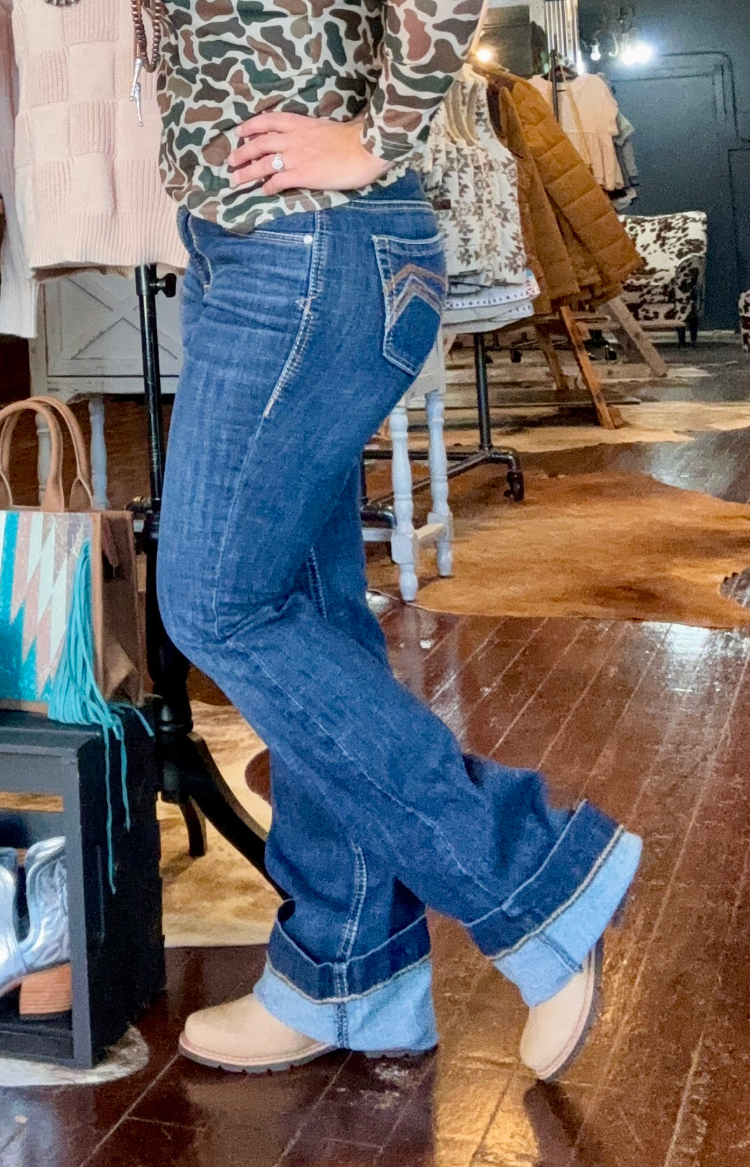 Side profile of Ariat Kimber jeans showing a flattering slim trouser fit.