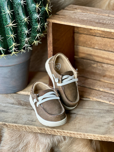 Western toddler moccasins with lightweight rubber outsole for traction.