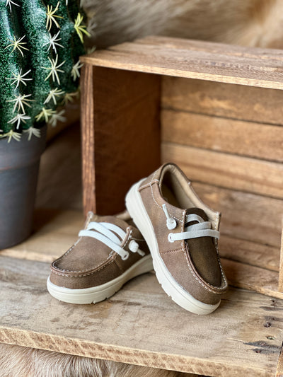 Brown Ariat LIL’ STOMPERS slip-on moccasins with secure lace-up fit.