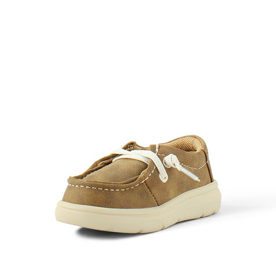 Lightweight brown moccasins for toddlers with flexible fit.