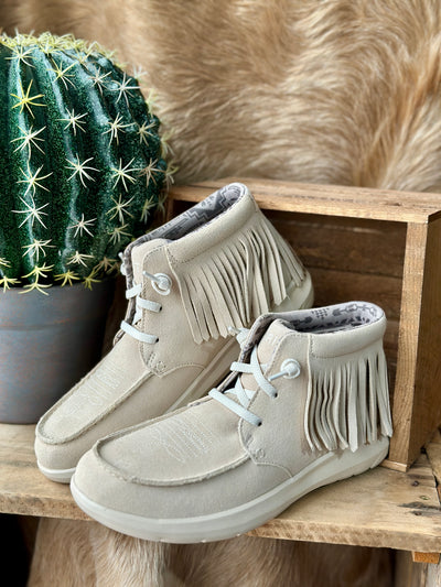 Side profile of Ariat Hilo High Top in Sand Suede showing fringe detail and lightweight FLX Foam sole.
