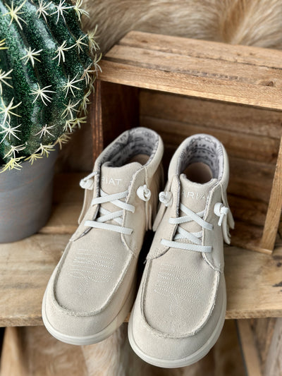 Top-down view of Ariat Hilo High Top Fringe Slip-On Shoe with no-tie laces and cushioned insole.