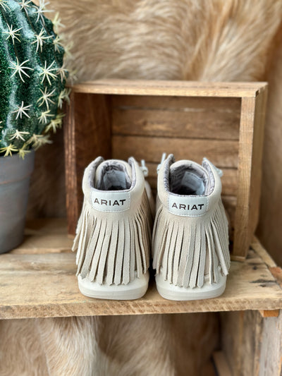 Rear view of Ariat Hilo High Top Fringe Slip-On Shoe highlighting 5.5-inch shaft height.