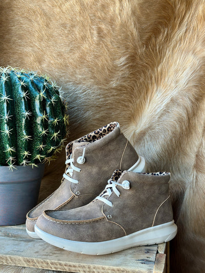 Casual Ariat high-top leather slip-on shoe with ultra-soft Brown Bomber leather and round moc toe.