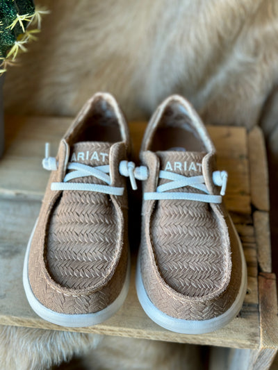 Ariat Hilo Slip-On Shoe in Tan Woven Emboss with a textured woven pattern and durable construction for everyday wear.