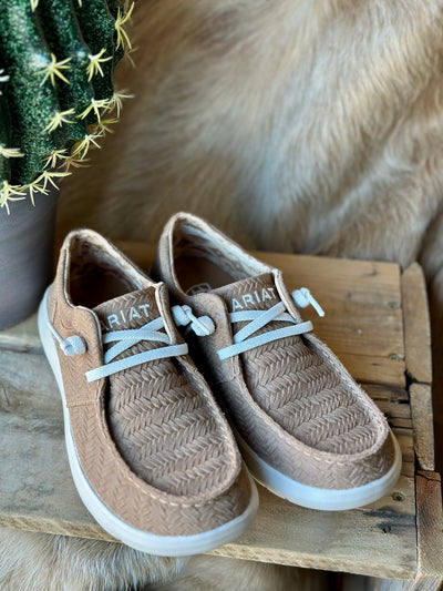 Ariat Hilo Slip-On Shoe in Tan Woven Emboss, offering a comfortable fit and sleek design for your laid-back days.