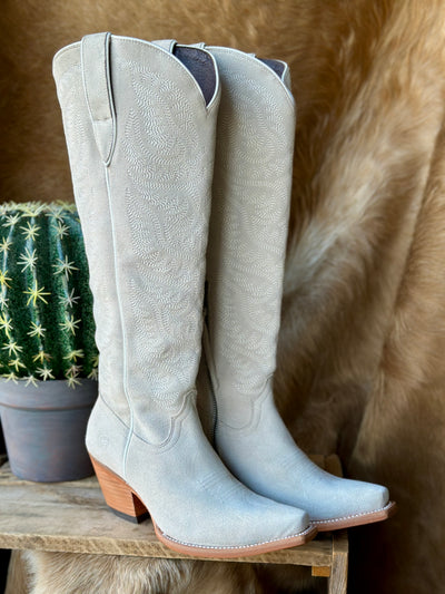 Ariat Laramie Stretch Fit Snip Toe Boot in Oyster Suede – premium leather western tall boot.