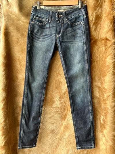 Front view of Ariat R.E.A.L. Mid Rise Ella Skinny Jeans in dark wash with contrast outseam stitching