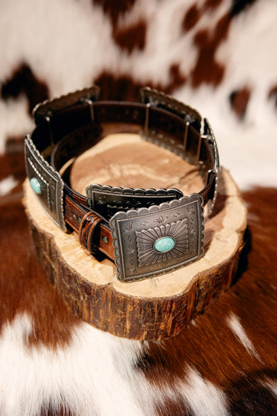 Full view of Ariat Tara Turquoise Rectangle Concho Belt, perfect for adding sparkle to your denim outfit.