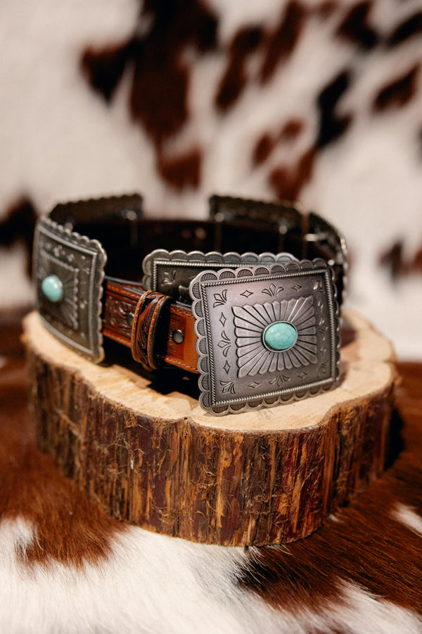 Ariat Tara Turquoise Rectangle Concho Belt with brown tooled leather strap and faux sterling silver & turquoise conchos.