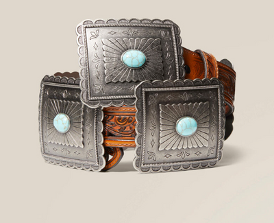 Close-up view of Ariat Tara Turquoise Concho Belt showcasing the intricate turquoise rectangle conchos on leather.