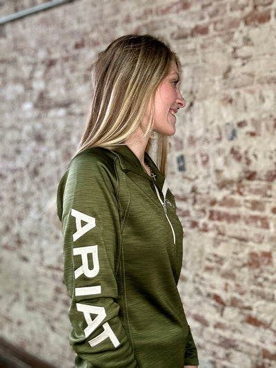 Side view of the Ariat Tek Team 1/2 Zip Sweatshirt, showcasing the embroidered logo on the sleeve and sleek half-zip design.