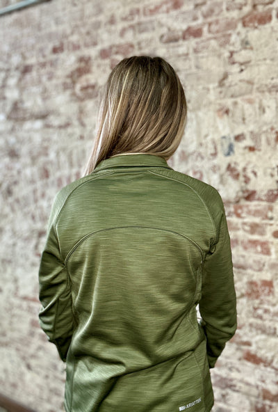 Back view on model of Ariat Tek Team 1/2 Zip Sweatshirt in Winter Moss silhouette. 