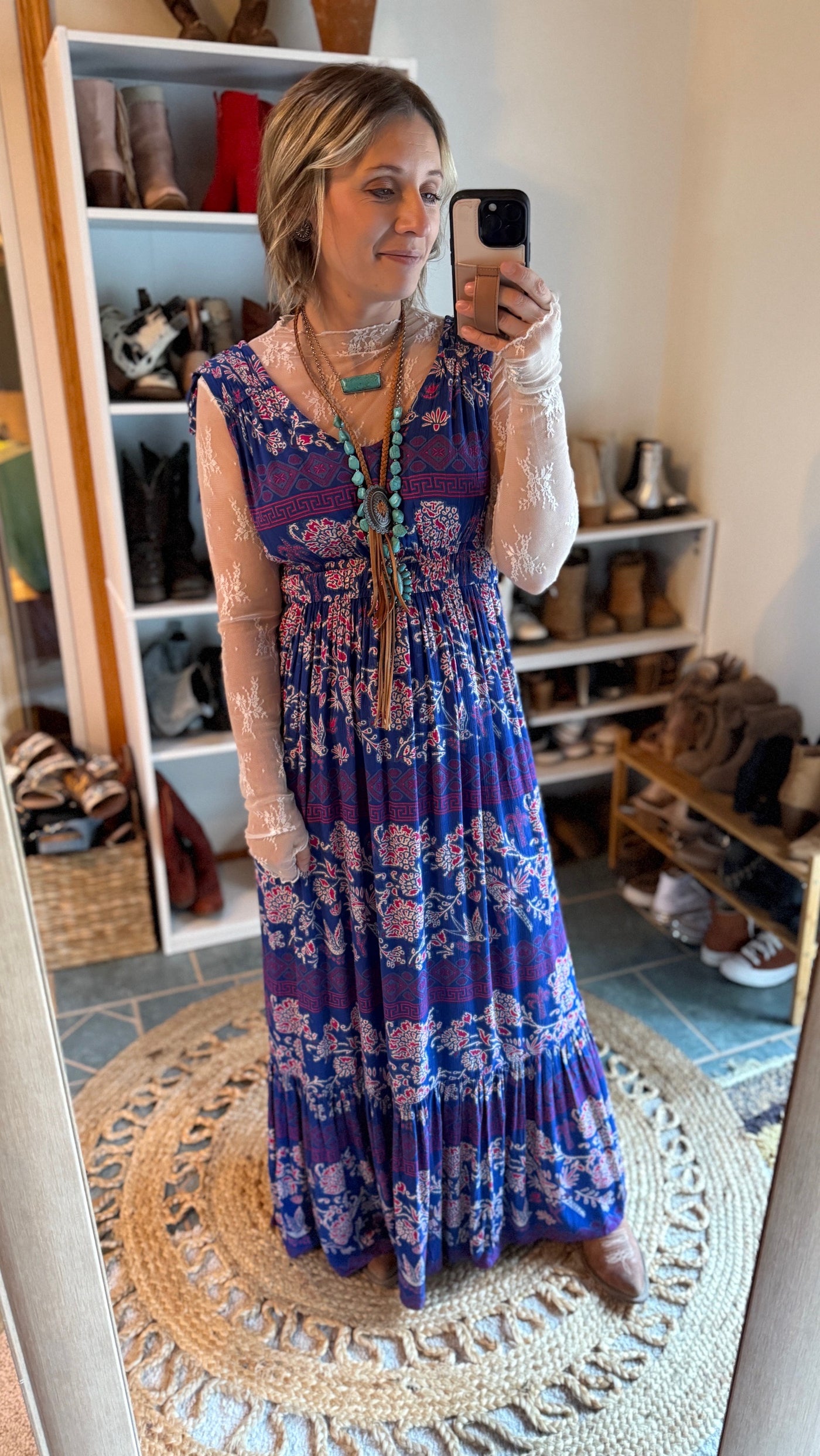 Ariat Westley Candelia Print Dress in blue and pink with a classic busy western design and full-coverage fit.